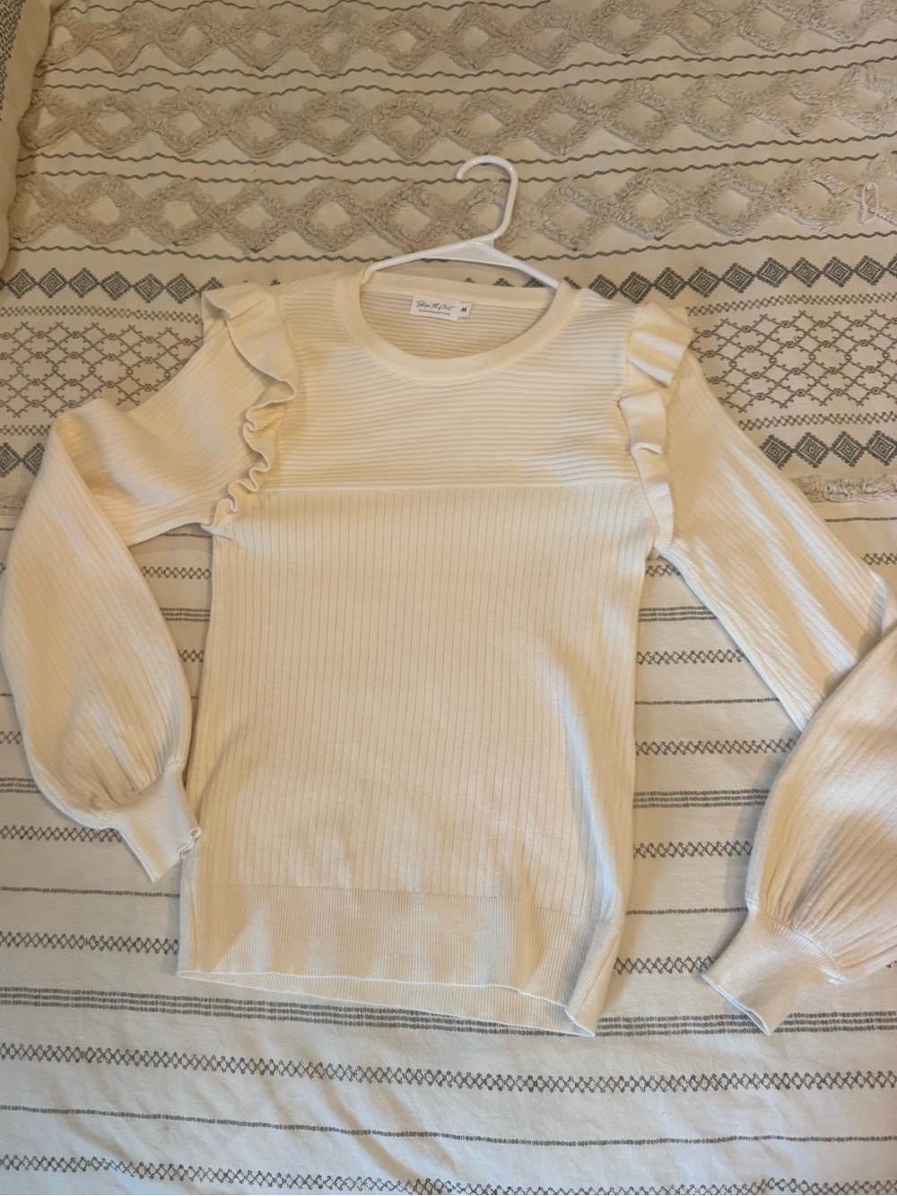 Ruffle-Shoulder Cream Ribbed Crewneck Sweater